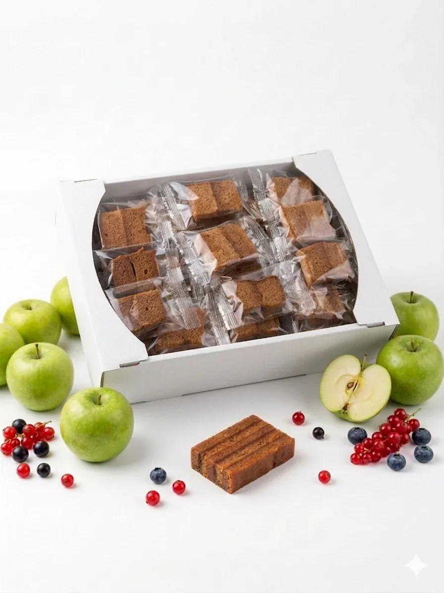 White carton of individually wrapped pieces of layered baked apple dessert, with one piece unwrapped beside green apples and berries