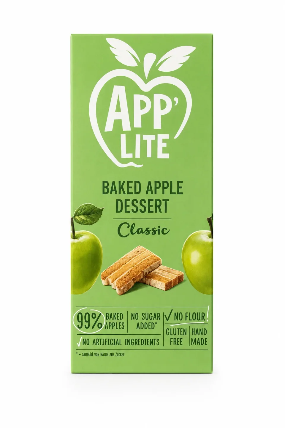 Green box of App'Lite Baked Apple Dessert Classic: 99% baked apples, no sugar added, no flour, gluten free