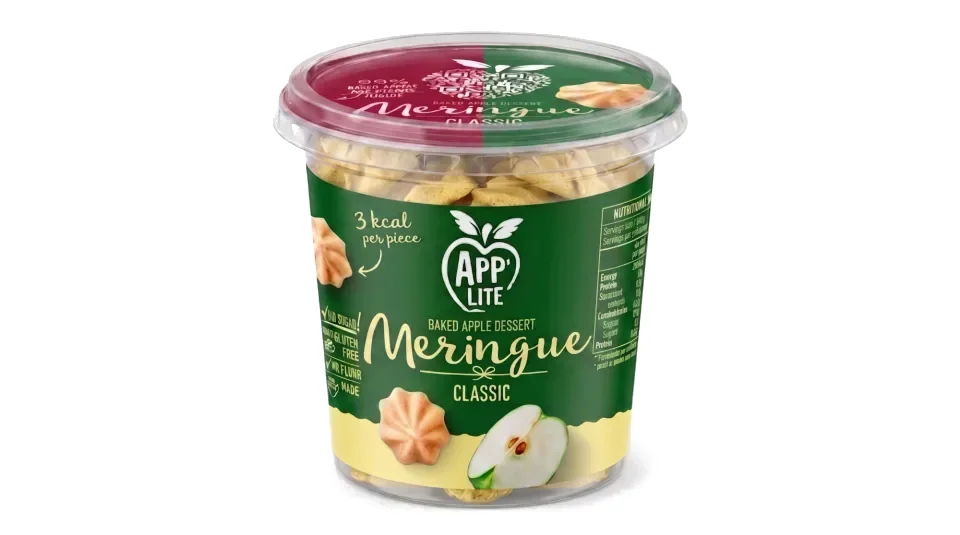 Green tub of App'Lite Classic baked apple dessert meringues, marked 3 kcal per piece